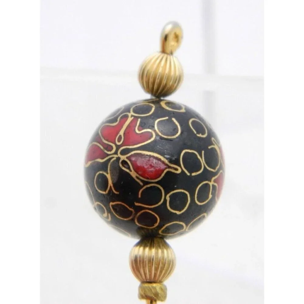 VTG Gold Tone Round Black Red Floral Cloisonne Enamel Stick Pin